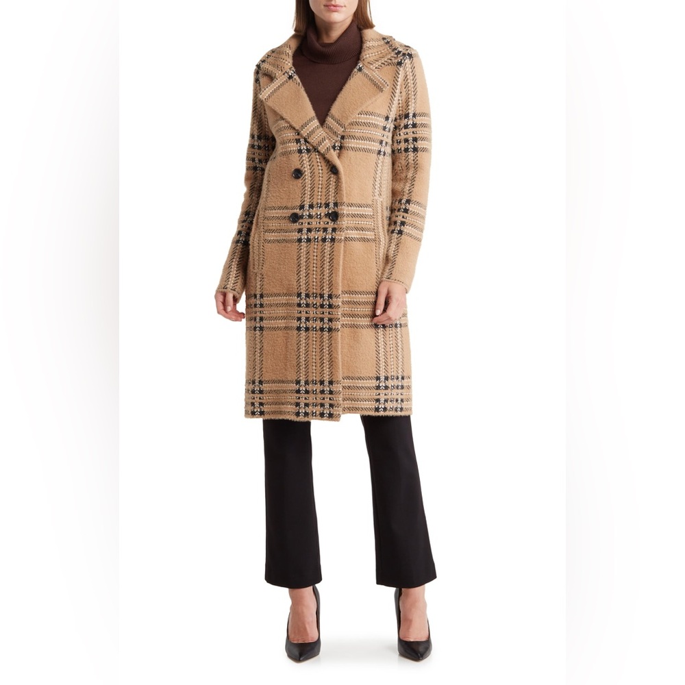 Tahari Beige Plaid Cardigan Coat Size L